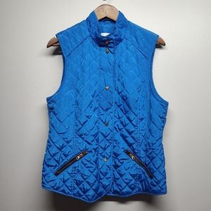 Peck & Peck Quilted Vest Women Size M Blue High Neck Faux Leather Details Winter